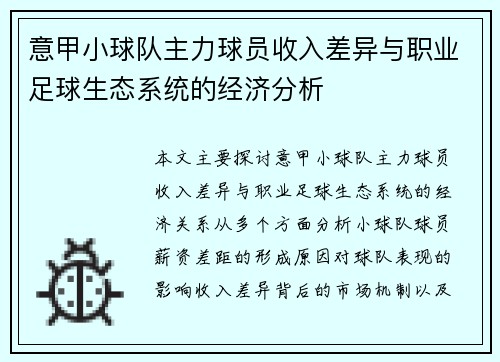 意甲小球队主力球员收入差异与职业足球生态系统的经济分析