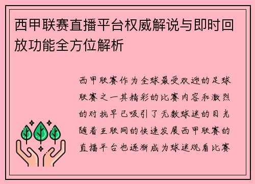 西甲联赛直播平台权威解说与即时回放功能全方位解析