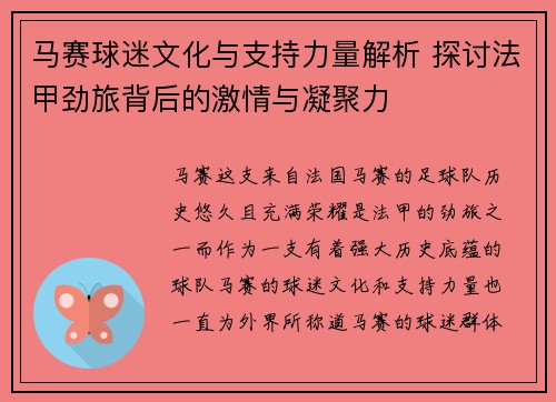 马赛球迷文化与支持力量解析 探讨法甲劲旅背后的激情与凝聚力